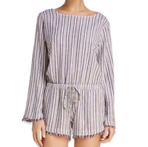 Cloth & Stone Striped Rayon & Linen Blend Long Sleeve Romper Button & Tie Back S